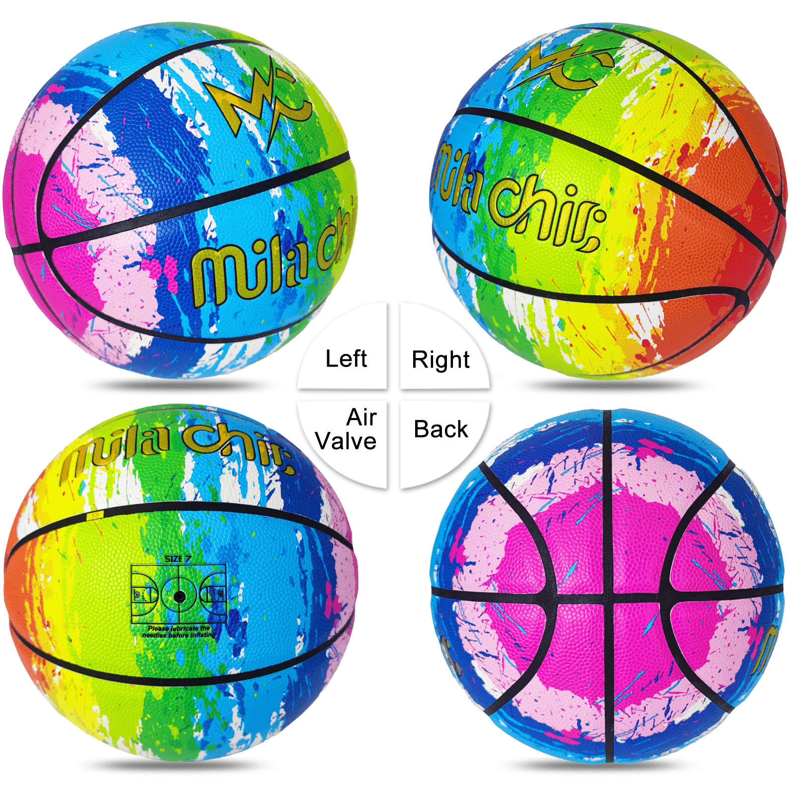 Rainbow Indoor Basketball - Street Basketball in Multi Color Designed for Men, Women - Official Size 7 (29.5”) with Pump and Bag